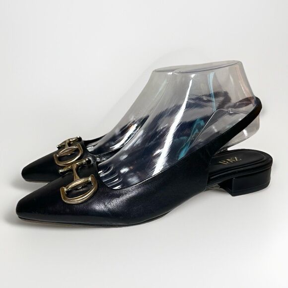 ZARA Black Leather Slingback Pointed Toe Mules Buckle Women Heels US 8 EU 39 NEW - Picture 1 of 14